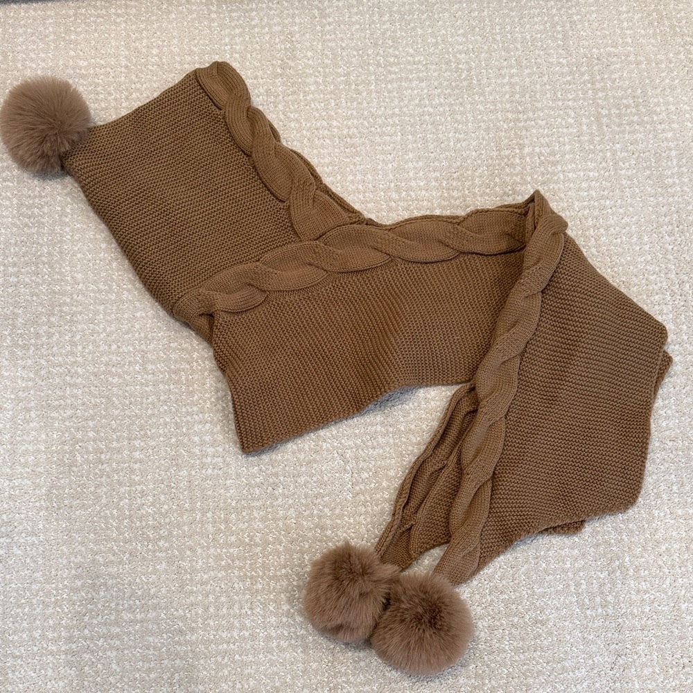 Anthropologie Brown Knit Scarf with Pom Poms